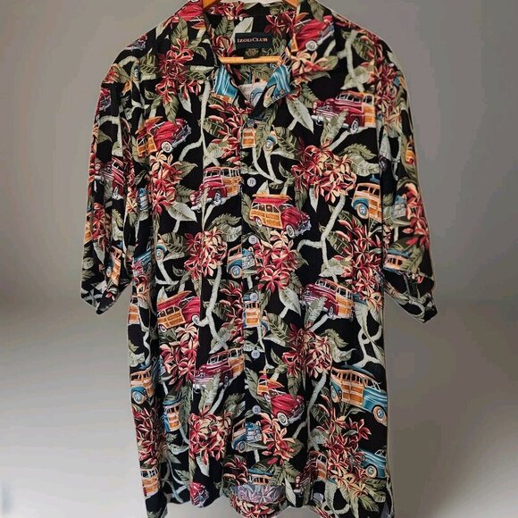 Izod Club Black Hawaiian Shirt L Aloha Car Print Retro 50s Style - Picture 1 of 8